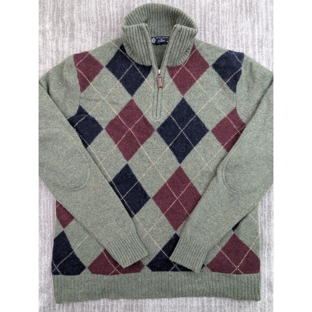 J Crew Argyle Sweater Men's Medium Navy Green Wool Pullover 1/4 Zip Elbow Patch